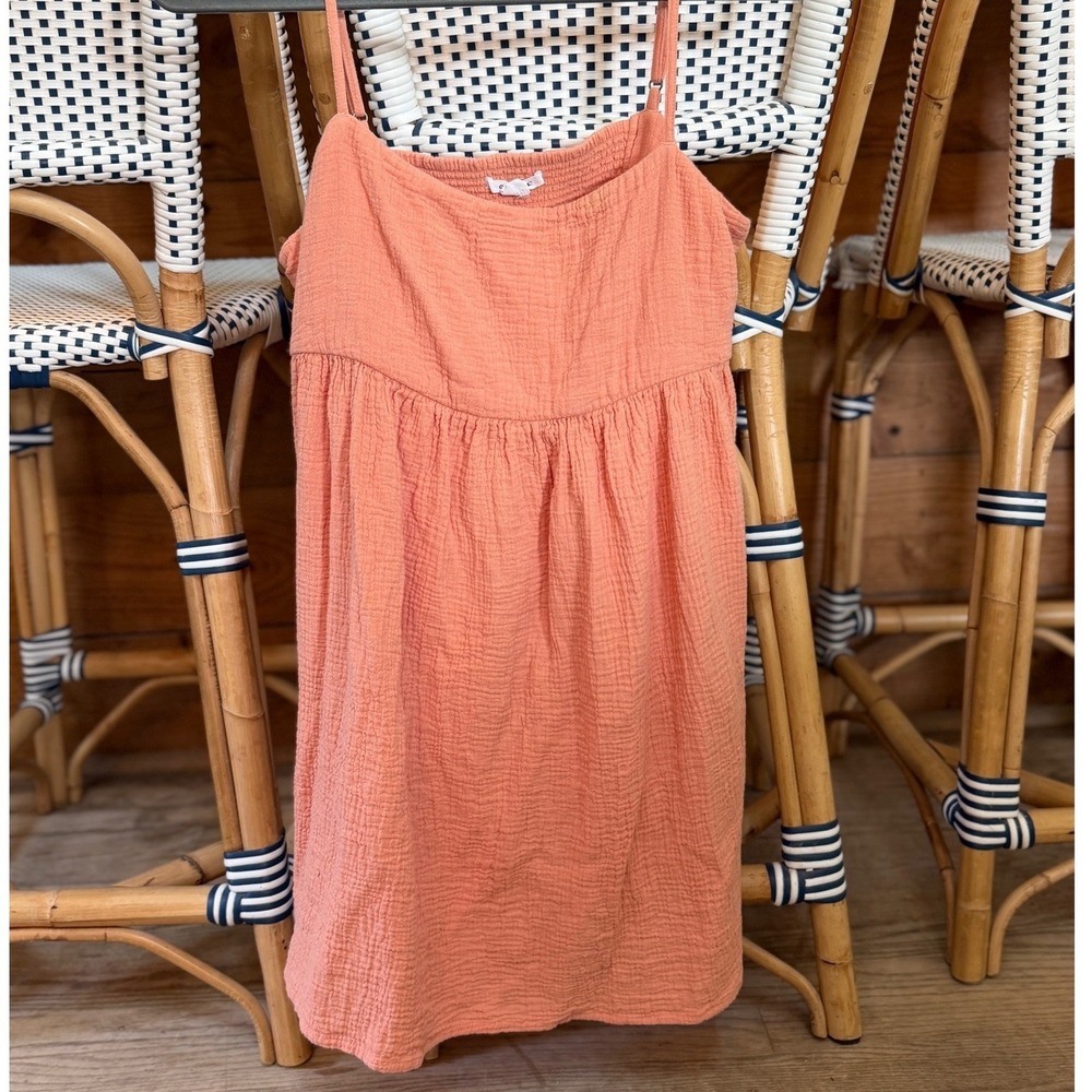 ONeill Peach Crinkle Gauze Babydoll Sundress Womens Large Smocked Mini‎ Pockets